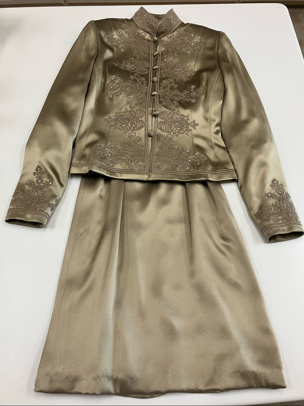Carlisle Gold Silk Cocktail Jacket and Skirt with Rhinestone Embellishments
